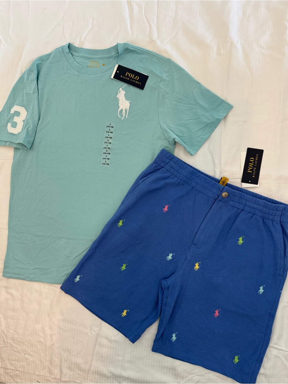 New boys Polo Ralph Lauren Blue Multi-Pony Embroidered Athletic Shorts, Shirt